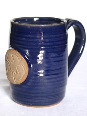 Handmade Blue Studio Pottery Coffee Tea Mug Recycle Signed Earthenware Earth Day